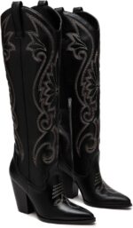 VOMIRA Knee High Cowboy Boots for Women Pointed Toe Chunky High Heels Pull-on Embroidered Boots Western Boots Wide Calf Cowgirl Boots