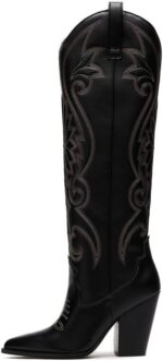 VOMIRA Knee High Cowboy Boots for Women Pointed Toe Chunky High Heels Pull-on Embroidered Boots Western Boots Wide Calf Cowgirl Boots