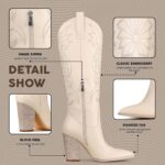 VOMIRA Knee High Cowboy Boots for Women Pointed Toe Chunky High Heels Pull-on Embroidered Boots Western Boots Wide Calf Cowgirl Boots