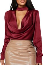 Vrtige Women's Satin Silk Cowl Neck Ruched Front Draped Long Sleeve Blouse Shirt Top