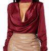 Vrtige Women's Satin Silk Cowl Neck Ruched Front Draped Long Sleeve Blouse Shirt Top