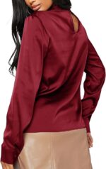 Vrtige Women's Satin Silk Cowl Neck Ruched Front Draped Long Sleeve Blouse Shirt Top