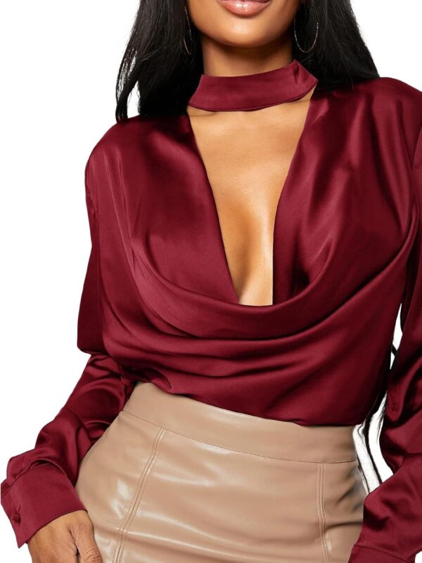 Vrtige Women's Satin Silk Cowl Neck Ruched Front Draped Long Sleeve Blouse Shirt Top