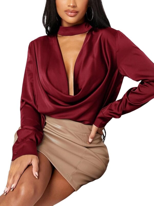 Vrtige Women's Satin Silk Cowl Neck Ruched Front Draped Long Sleeve Blouse Shirt Top