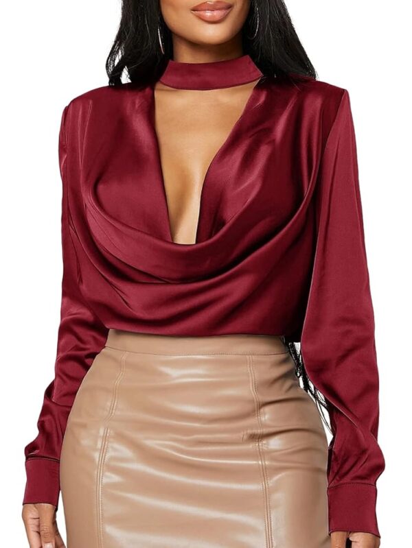 Vrtige Women's Satin Silk Cowl Neck Ruched Front Draped Long Sleeve Blouse Shirt Top