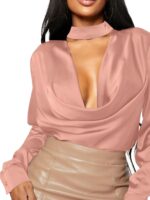 Vrtige Women's Satin Silk Cowl Neck Ruched Front Draped Long Sleeve Blouse Shirt Top