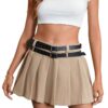 WDIRARA Women's Casual Mid Waist Mini Skirt Pleated A Line Skirt Solid Ruffle Skirt Shorts with 2 Belts