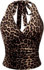 WDIRARA Women's Leopard Print Ruched Halter Crop Tops V Neck Tie Back Sleeveless Slim Fit Cami Tops