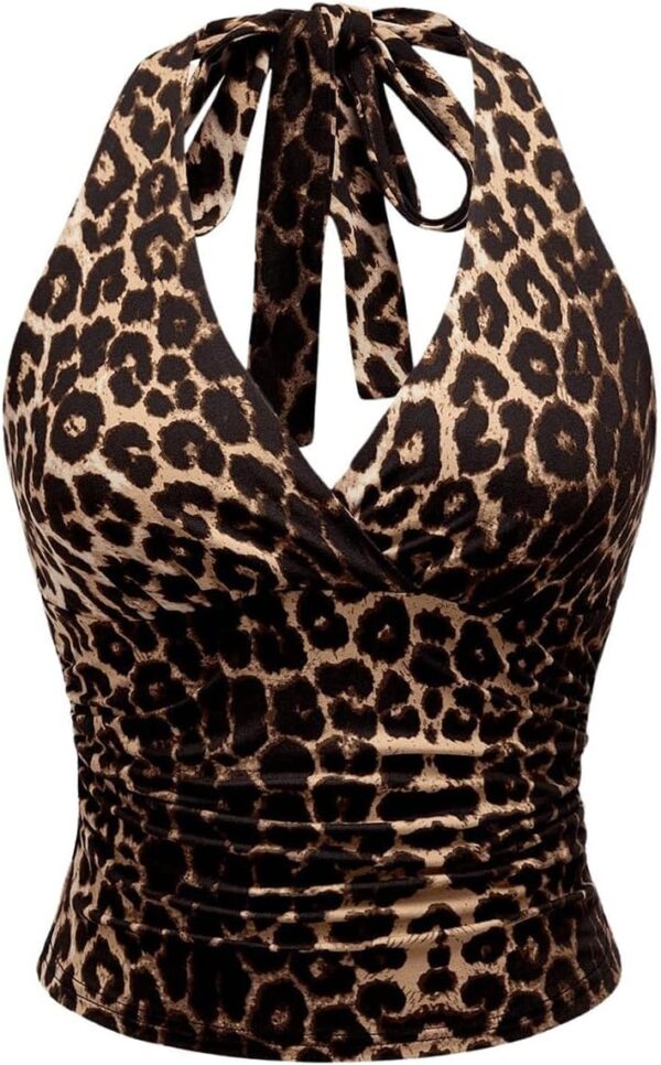 WDIRARA Women's Leopard Print Ruched Halter Crop Tops V Neck Tie Back Sleeveless Slim Fit Cami Tops