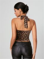 WDIRARA Women's Leopard Print Ruched Halter Crop Tops V Neck Tie Back Sleeveless Slim Fit Cami Tops