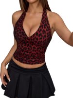 WDIRARA Women's Leopard Print Ruched Halter Crop Tops V Neck Tie Back Sleeveless Slim Fit Cami Tops