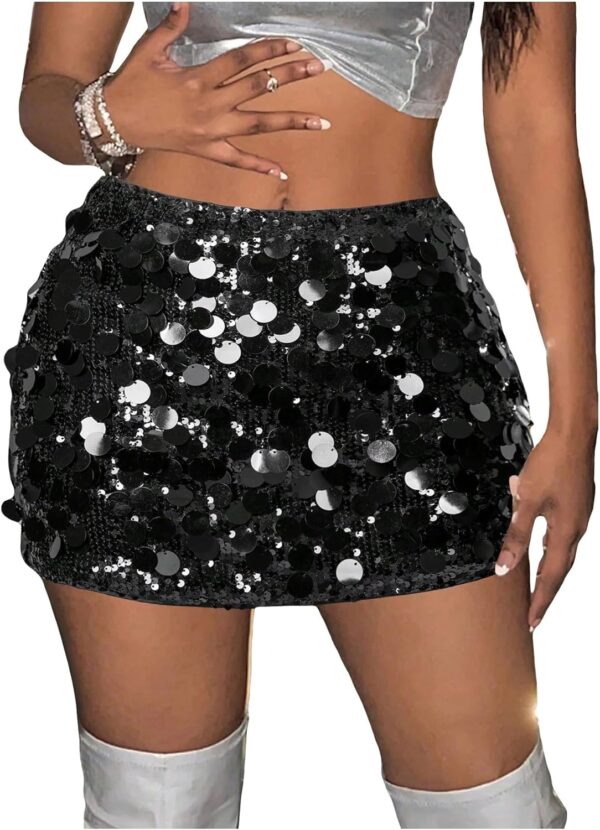 WDIRARA Women's Sparkly Sequin Decor Low Waisted Bodycon Glitter Party Mini Skirt