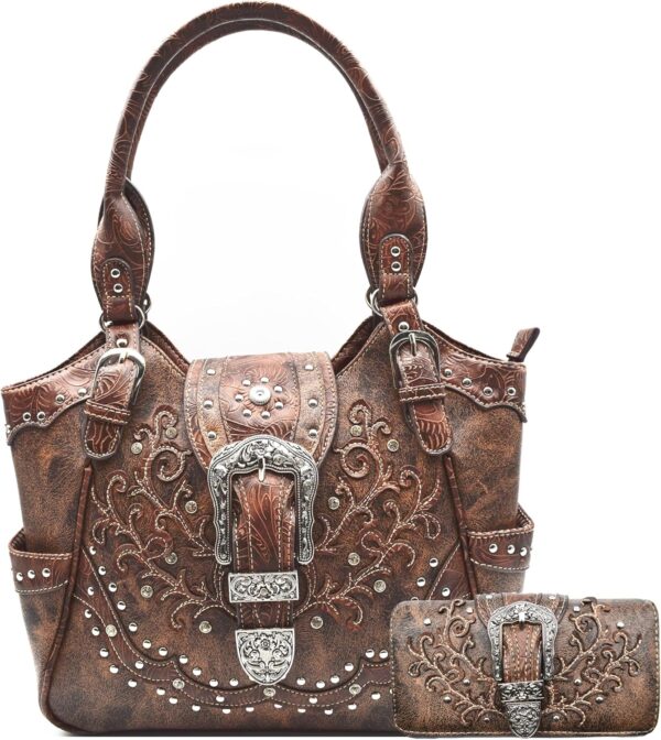 Western Style Tooled Leather Floral Women Bling Rhinestone Studs Purse Buckle Handbag Country Shoulder Bags Wallet Set Brown