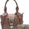 Western Style Tooled Leather Floral Women Bling Rhinestone Studs Purse Buckle Handbag Country Shoulder Bags Wallet Set Brown