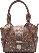 Western Style Tooled Leather Floral Women Bling Rhinestone Studs Purse Buckle Handbag Country Shoulder Bags Wallet Set Brown