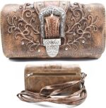 Western Style Tooled Leather Floral Women Bling Rhinestone Studs Purse Buckle Handbag Country Shoulder Bags Wallet Set Brown