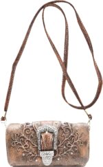 Western Style Tooled Leather Floral Women Bling Rhinestone Studs Purse Buckle Handbag Country Shoulder Bags Wallet Set Brown