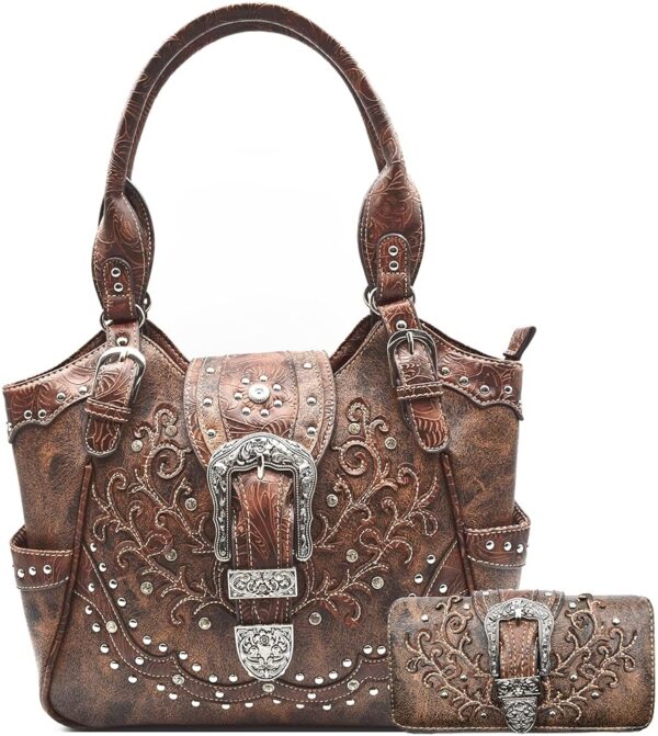 Western Style Tooled Leather Floral Women Bling Rhinestone Studs Purse Buckle Handbag Country Shoulder Bags Wallet Set Brown