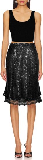 WISFRUIT Women's Sequin Skirt Stretchy Glitter Sparkle Lace Trim Bodycon Pencil Skirt Elegant Night Out Party Midi Skirts