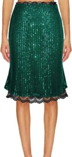 WISFRUIT Women's Sequin Skirt Stretchy Glitter Sparkle Lace Trim Bodycon Pencil Skirt Elegant Night Out Party Midi Skirts