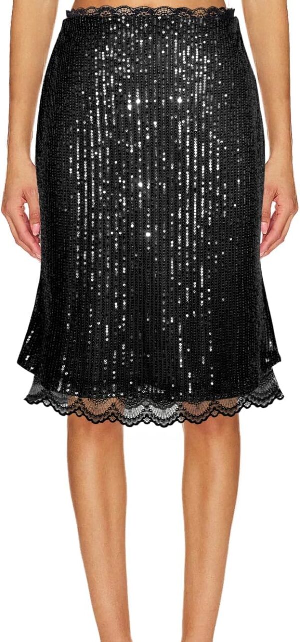 WISFRUIT Women's Sequin Skirt Stretchy Glitter Sparkle Lace Trim Bodycon Pencil Skirt Elegant Night Out Party Midi Skirts