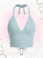 Women Lace Up Backless Crochet Crop Halter Top Y2k Slim Fit Sleeveless V Neck Self Tie Back Knit Crop Cami Top