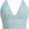 Women Lace Up Backless Crochet Crop Halter Top Y2k Slim Fit Sleeveless V Neck Self Tie Back Knit Crop Cami Top