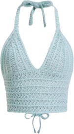 Women Lace Up Backless Crochet Crop Halter Top Y2k Slim Fit Sleeveless V Neck Self Tie Back Knit Crop Cami Top