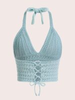 Women Lace Up Backless Crochet Crop Halter Top Y2k Slim Fit Sleeveless V Neck Self Tie Back Knit Crop Cami Top