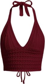 Women Lace Up Backless Crochet Crop Halter Top Y2k Slim Fit Sleeveless V Neck Self Tie Back Knit Crop Cami Top