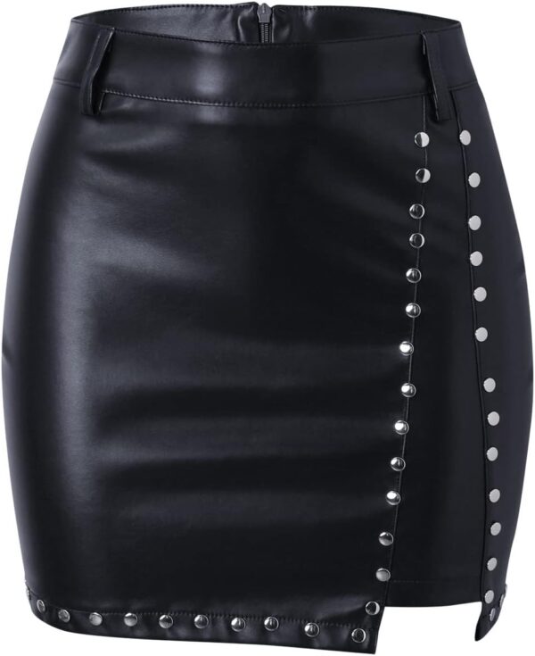 Women Leather Skirts Studded Decor High Waist Mini Skirt A Line Slit Mini PU Skirt Streetwear Pleated Skirts for