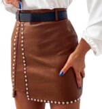 Women Leather Skirts Studded Decor High Waist Mini Skirt A Line Slit Mini PU Skirt Streetwear Pleated Skirts for