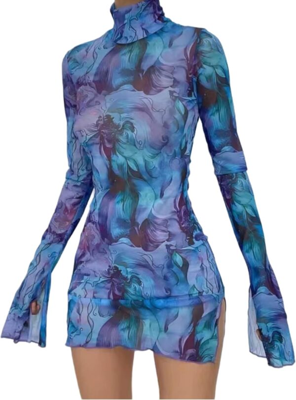 Women’s Floral Tie Dye Sheer Mesh Mini Dress Sexy Mock Neck Split Bodycon Flared Long Sleeve Beach Party Dress