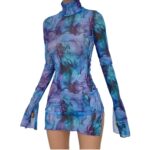 Women’s Floral Tie Dye Sheer Mesh Mini Dress Sexy Mock Neck Split Bodycon Flared Long Sleeve Beach Party Dress