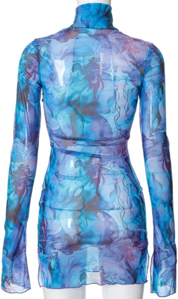 Women’s Floral Tie Dye Sheer Mesh Mini Dress Sexy Mock Neck Split Bodycon Flared Long Sleeve Beach Party Dress