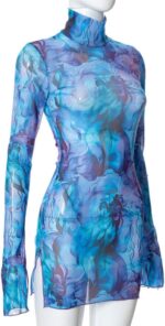 Women’s Floral Tie Dye Sheer Mesh Mini Dress Sexy Mock Neck Split Bodycon Flared Long Sleeve Beach Party Dress