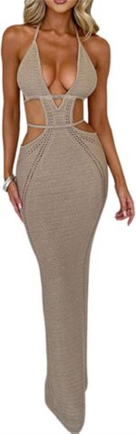 Women Sexy V Neck Bodycon Sweater Dress Knitted Halter Backless Hollow Out Waist Maxi Dress Party Club Long Dresses