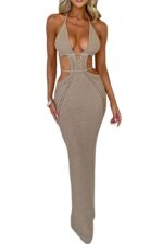 Women Sexy V Neck Bodycon Sweater Dress Knitted Halter Backless Hollow Out Waist Maxi Dress Party Club Long Dresses