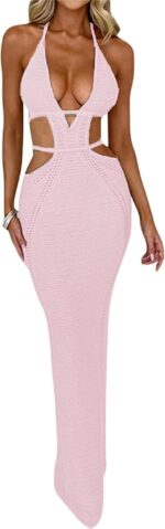 Women Sexy V Neck Bodycon Sweater Dress Knitted Halter Backless Hollow Out Waist Maxi Dress Party Club Long Dresses