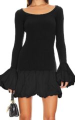 Women's 2024 Fall Dress Sexy Crew Neck Puffy Long Sleeve Bubble Party Club Bodycon Mini Dresses