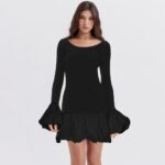 Women's 2024 Fall Dress Sexy Crew Neck Puffy Long Sleeve Bubble Party Club Bodycon Mini Dresses