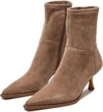 Womens Brown Suede Fall Boots Side Zip Ankle Boots Pointed Toe Mid Calf Boots Kitten Heel Boots Dressy Short Boots