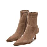 Womens Brown Suede Fall Boots Side Zip Ankle Boots Pointed Toe Mid Calf Boots Kitten Heel Boots Dressy Short Boots