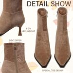 Womens Brown Suede Fall Boots Side Zip Ankle Boots Pointed Toe Mid Calf Boots Kitten Heel Boots Dressy Short Boots