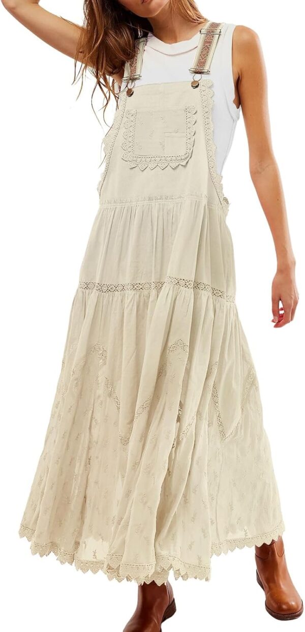 Women's Casual Lace Embroidered Maxi Dress Adjustable Strap Pleated Tiered Swing Long Dress with Pockets