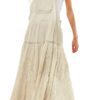 Women's Casual Lace Embroidered Maxi Dress Adjustable Strap Pleated Tiered Swing Long Dress with Pockets