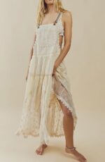 Women's Casual Lace Embroidered Maxi Dress Adjustable Strap Pleated Tiered Swing Long Dress with Pockets