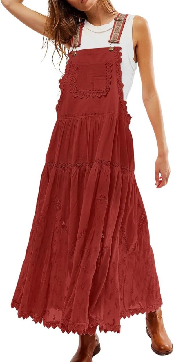 Women's Casual Lace Embroidered Maxi Dress Adjustable Strap Pleated Tiered Swing Long Dress with Pockets