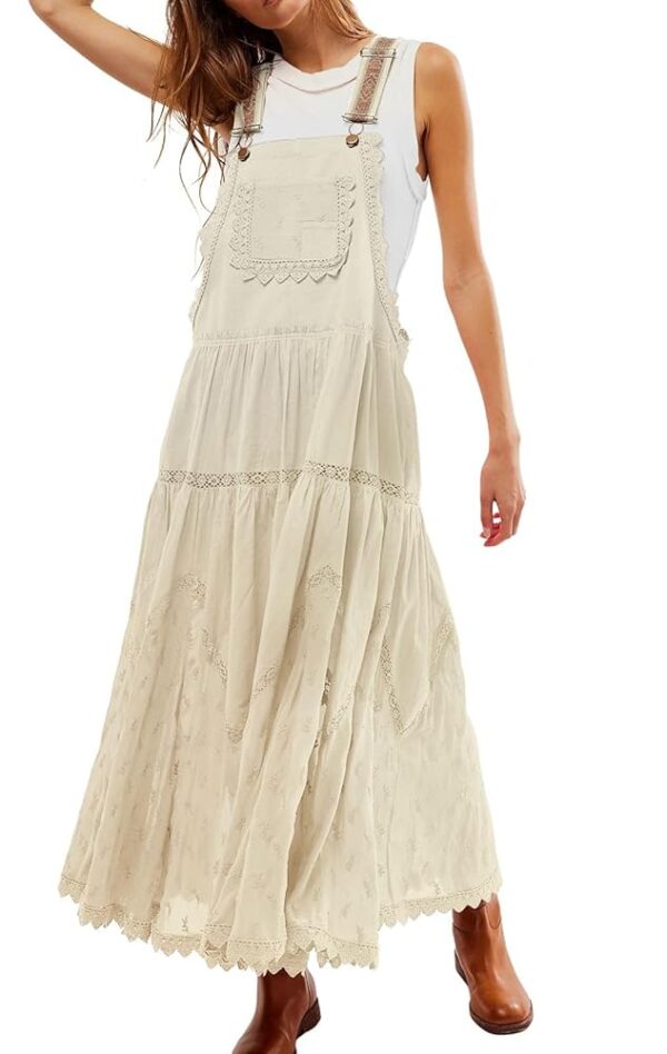 Women's Casual Lace Embroidered Maxi Dress Adjustable Strap Pleated Tiered Swing Long Dress with Pockets