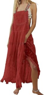 Women's Casual Lace Embroidered Maxi Dress Adjustable Strap Pleated Tiered Swing Long Dress with Pockets